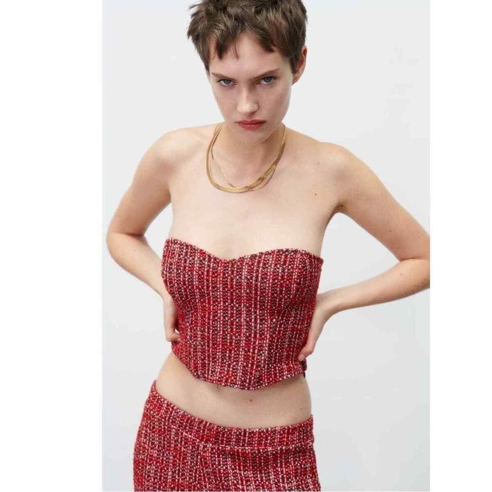Zara NWT Tweed cropped Red black corset Top Xs